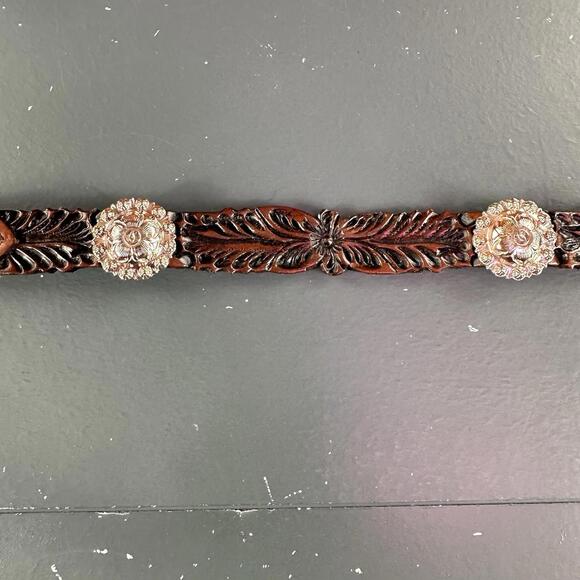 Nocona Belt Youth Girl 26 Tan Leather Tooled Floral Conch Ribbon Fits 25-29" NWT - Picture 3 of 7